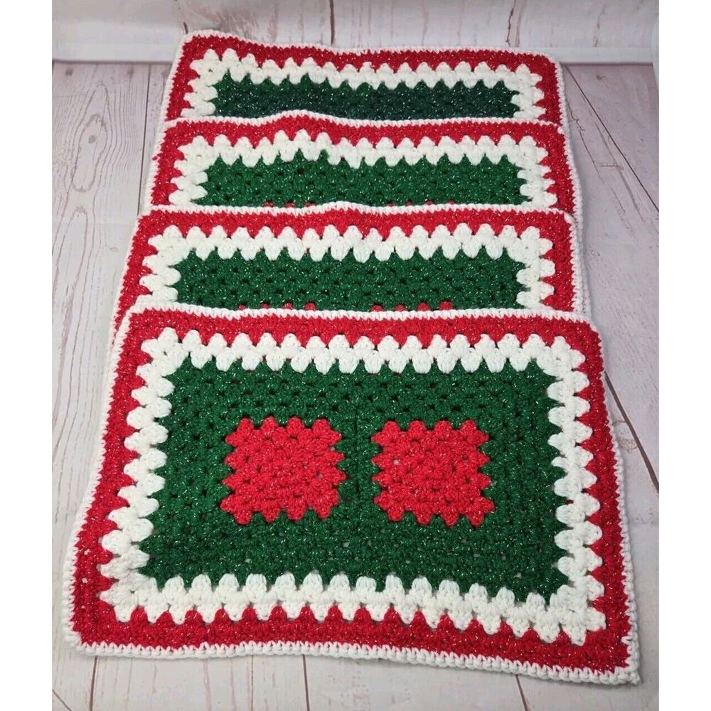 Vintage Set of 4 Handmade Crocheted Christmas Table Placements 12 x 20